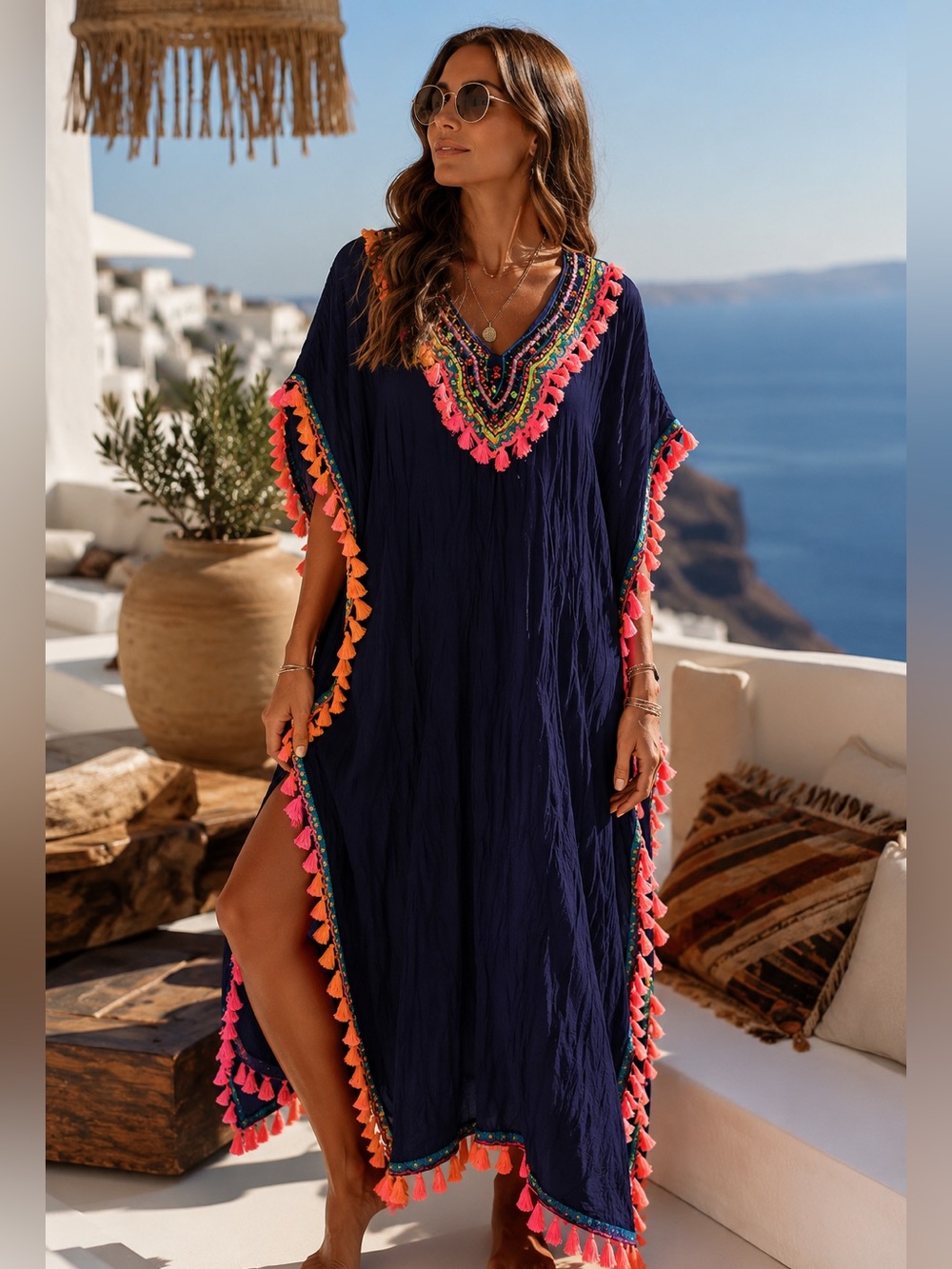 RubyYaya Tassel Beaded Embroidered Kaftan XS Oversized Luxury Resort Coverup